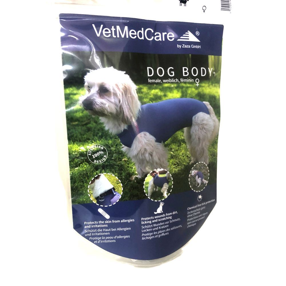 Verpackung mit VetMedCare Dog Body Hündin. Produktabbildung: Hund mit blauem Body. Text: Schützt vor Allergien, Irritationen.