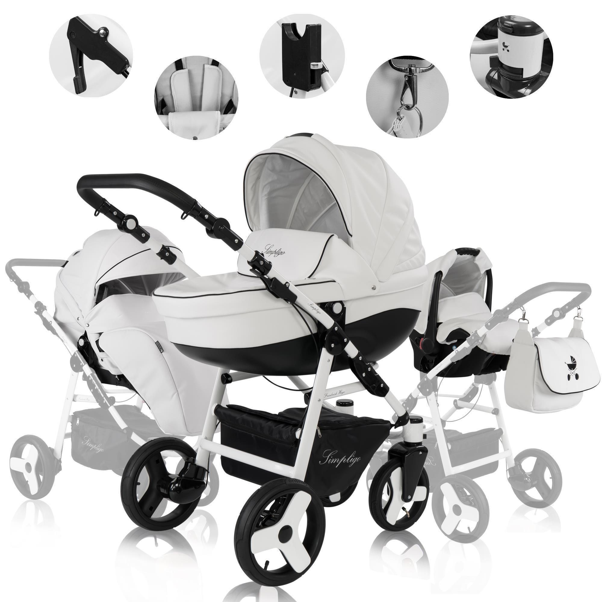 Weißer Kinderwagen mit schwarzen Akzenten und Zubehör. Luftreifen, schwarzer Korb, Tragegriff, Tasche.