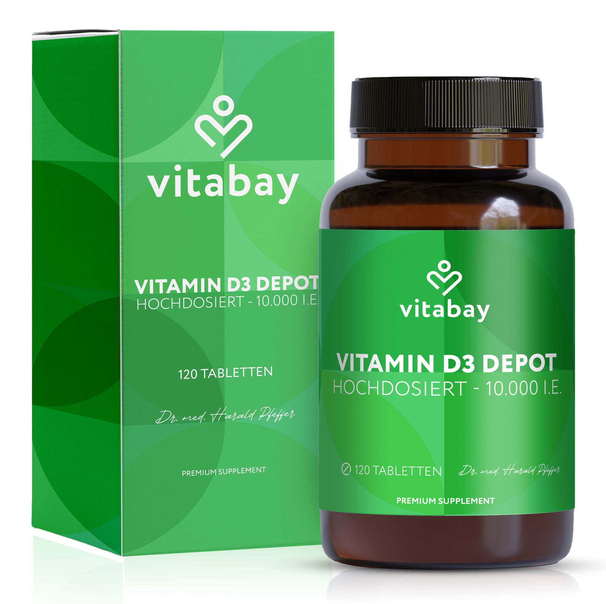 Grüne Schachtel und braune Flasche mit Etikett. Aufschrift: Vitamin D3 Depot 10.000 I.E. 120 Tabletten. Marke: Vitabay.