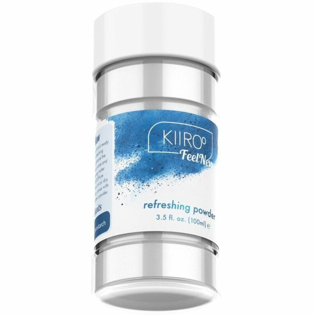 Weiß-schwarze Flasche mit weißem Deckel. Aufschrift: Kiiroo FeelNew, refreshing powder. Net Wt. 3.5 Oz. / 100g.