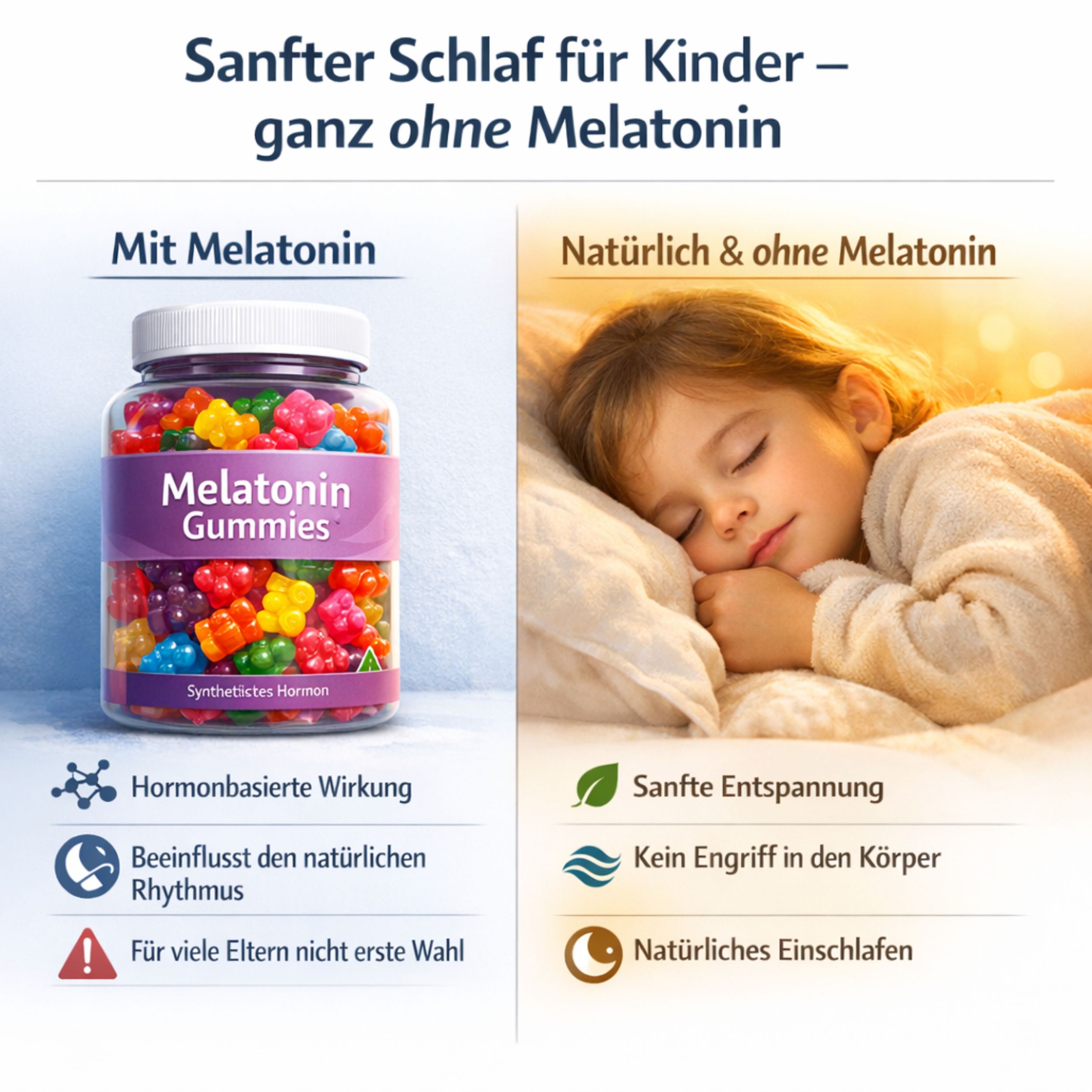 Zwei Bilder. Links: Dose mit bunten Gummibärchen. Rechts: Kind schläft. Text: Sanfter Schlaf für Kinder - ganz ohne Melatonin.