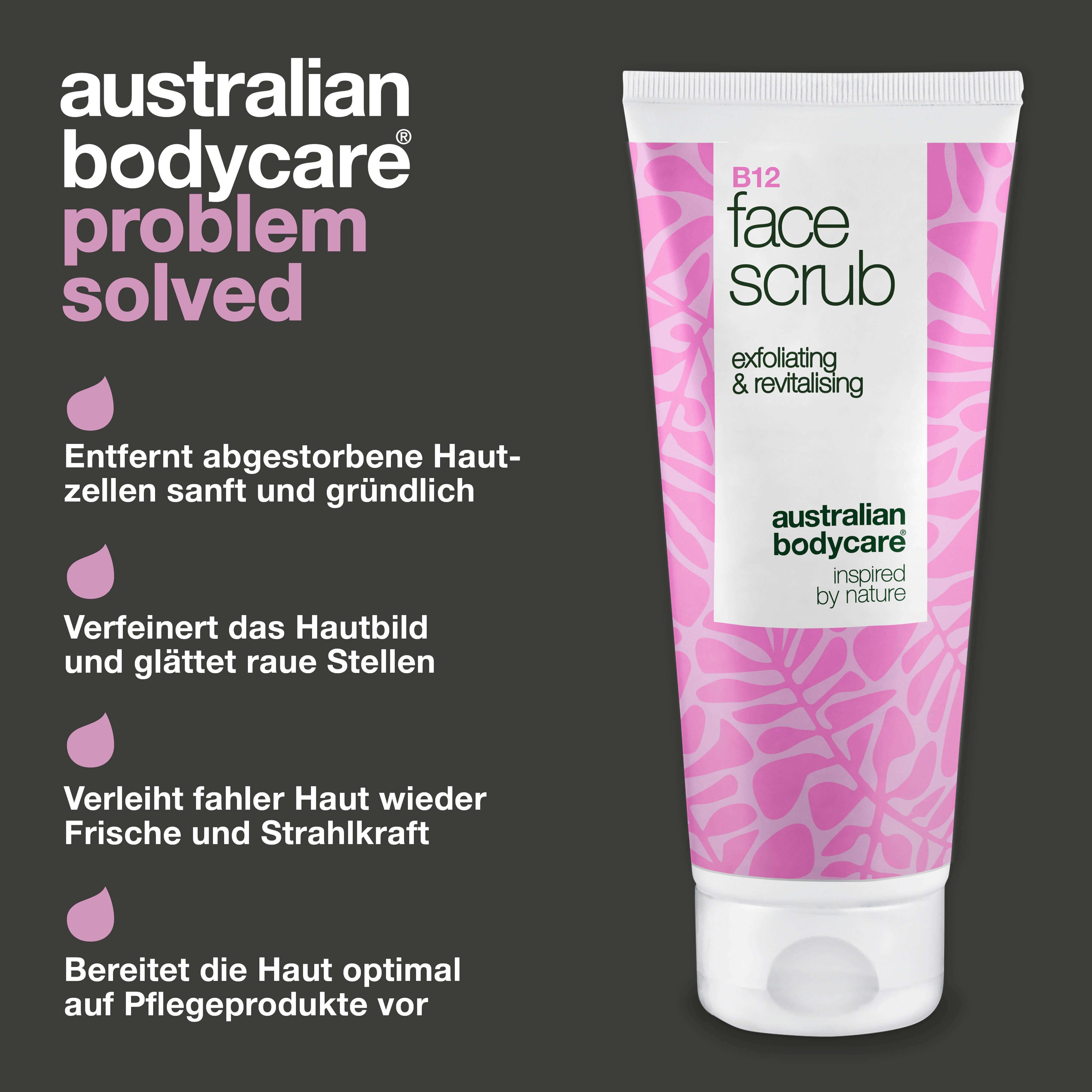 Face Scrub B12. Text: Getest und von Dermatologen bestätigt, sanft für alle Hauttypen, 100% recycelbare Verpackung.