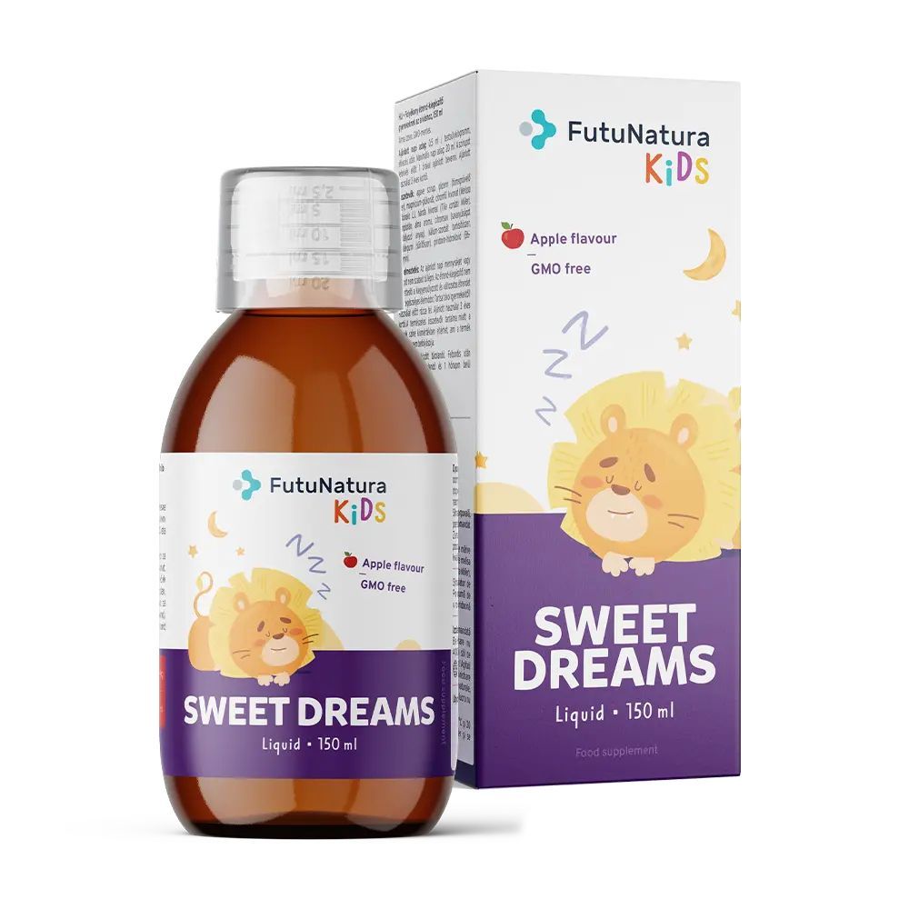 Flüssigkeit in einer Flasche und Verpackung. Aufschrift: FutuNatura Kids Sweet Dreams. Apfelgeschmack, GMO-frei. Mit einem Löwen-Cartoon.