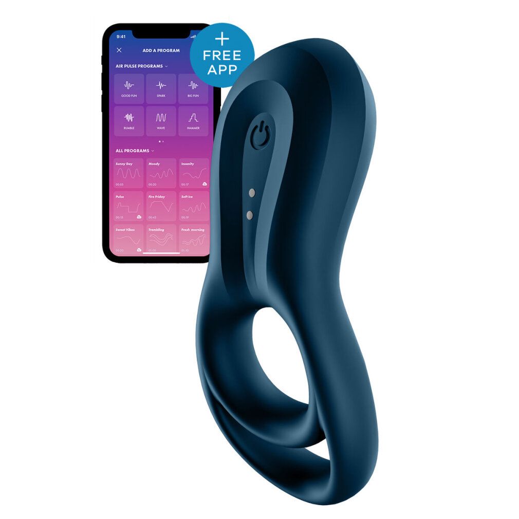 Ringvibrator und Smartphone. Dunkelblauer Vibrator neben Smartphone-App-Anzeige. Kostenlose App.