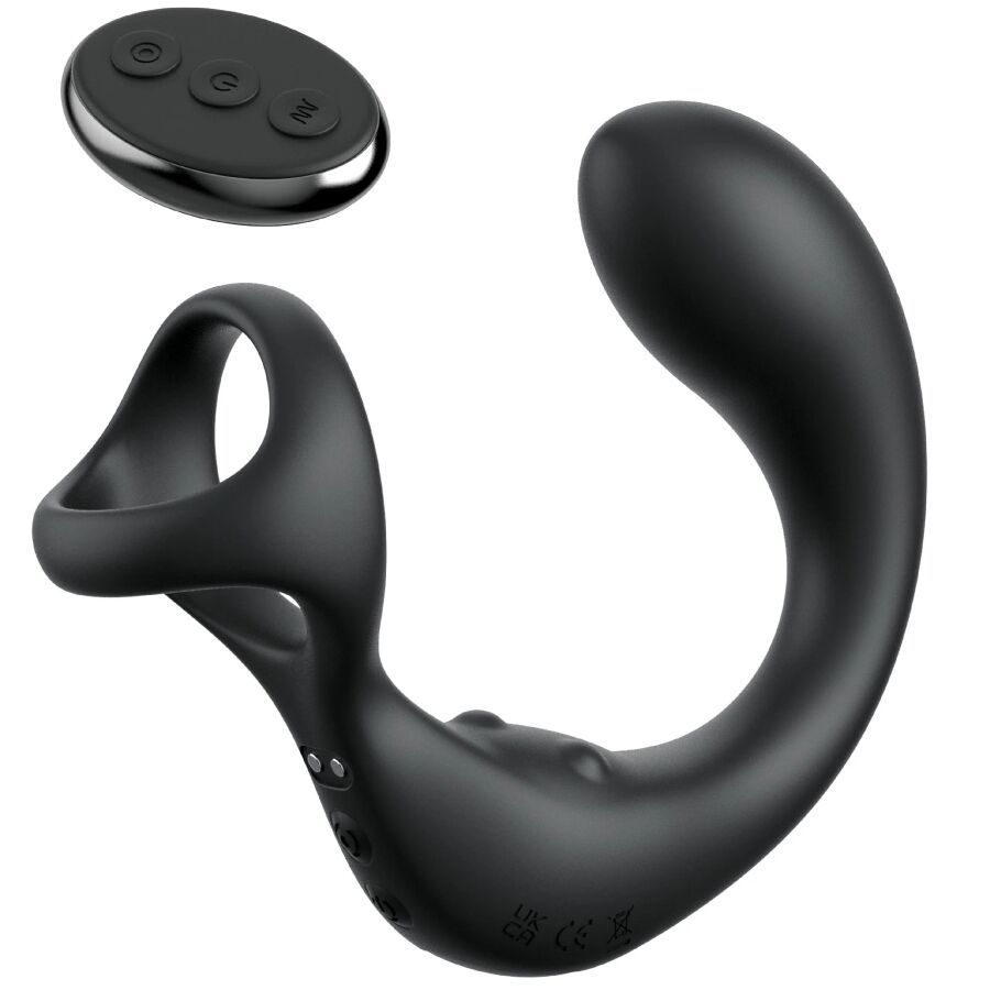 Schwarzes Wellness-Produkt mit Ring und gebogener Form. Enthält Fernbedienung. Produktname nicht sichtbar.
