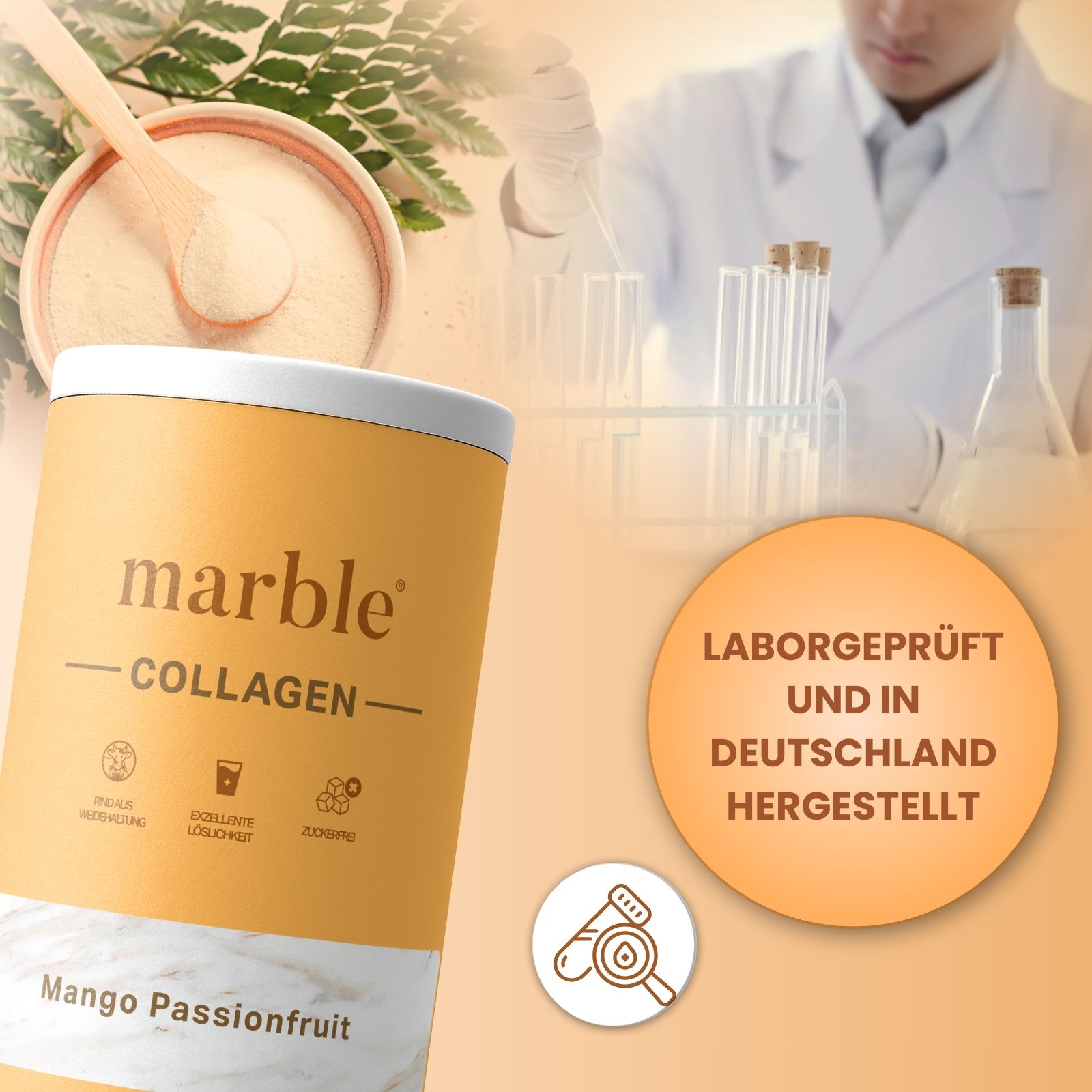 Dose mit "marble" und "COLLAGEN"-Logo. Mango-Passionsfrucht-Geschmack. 450g. Text: Laborgeprüft und in Deutschland hergestellt.