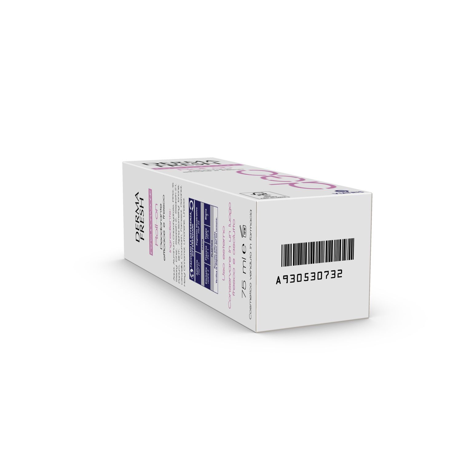 Verpackung von DERMA FRESH Roll-on. Weiß mit rosa Akzenten. Barcode und Text. 75 ml.