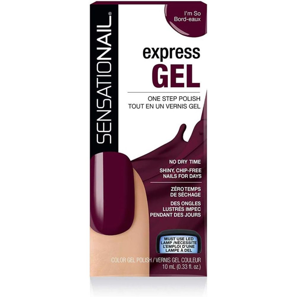 Verpackung von Sensationail Express-Gel-Nagellack in Bordeaux. Enthält Produktinformationen und eine Darstellung des Nagellacks auf einem Nagel.