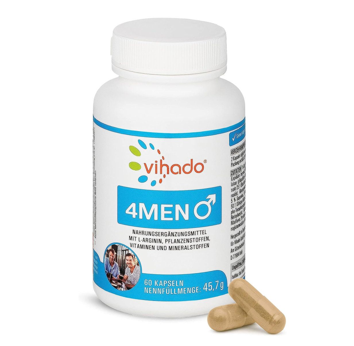 Weiße Flasche mit Vihado-Logo und Produktbezeichnung 4MEN. Enthält Kapseln. Aufschrift: Nahrungsergänzungsmittel mit L-Arginin, Pflanzenstoffen, Vitaminen und Mineralstoffen.