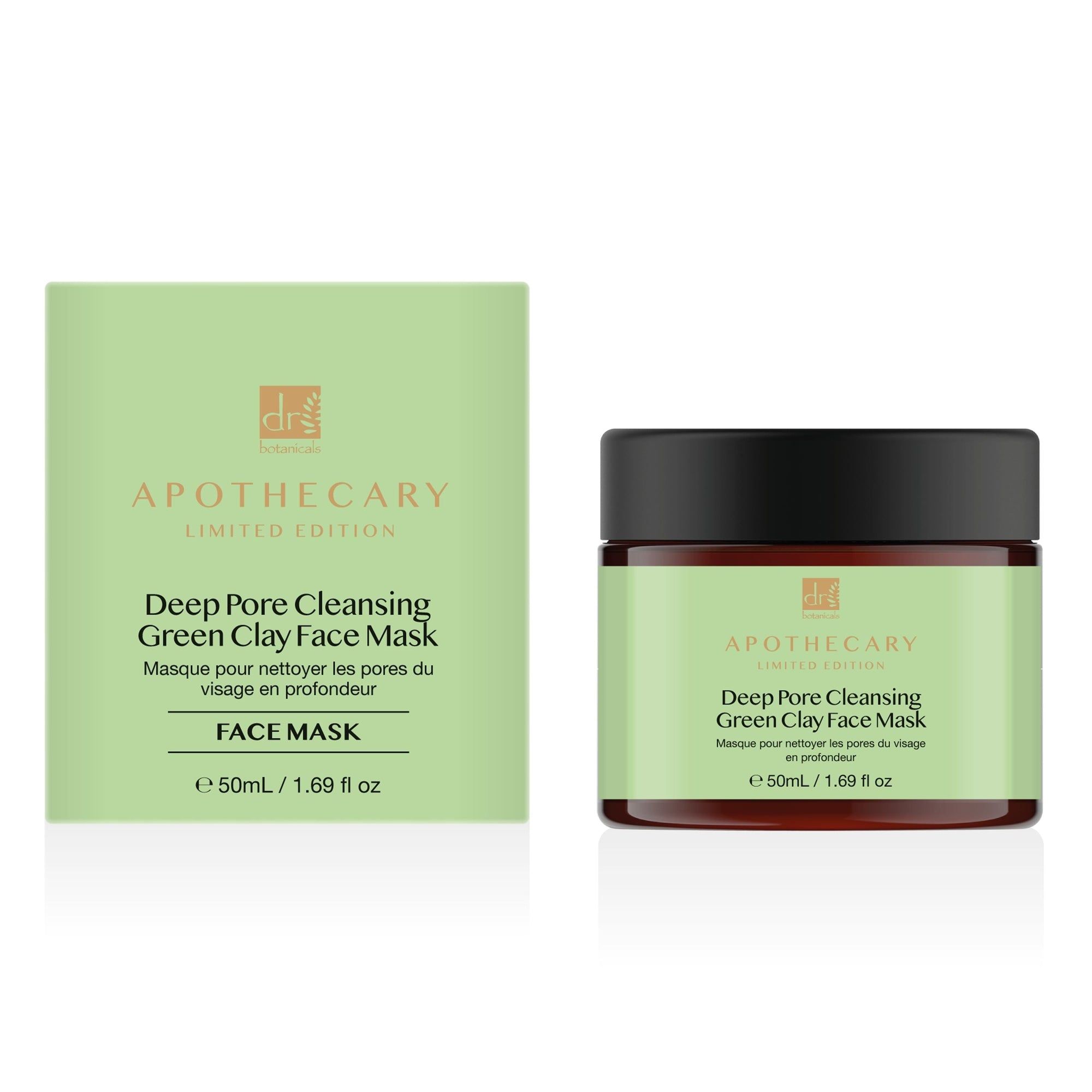 Gesichtsmaske und Verpackung. Aufschrift: Deep Pore Cleansing Green Clay Face Mask. Grüne Verpackung und Glas mit schwarzem Deckel.