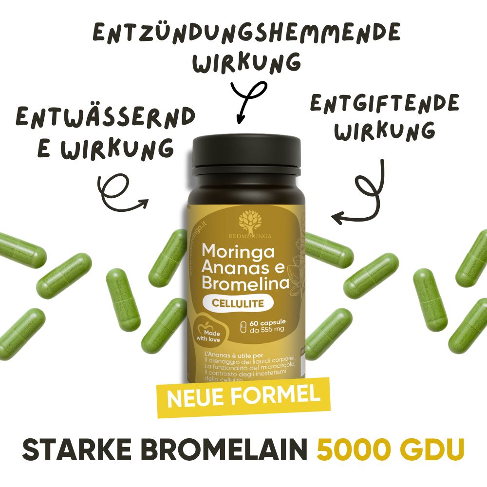 Flasche RedMoringa mit grünen Kapseln. Effekte: entzündungshemmend, entwässernd, entgiftend. Neue Formel.
