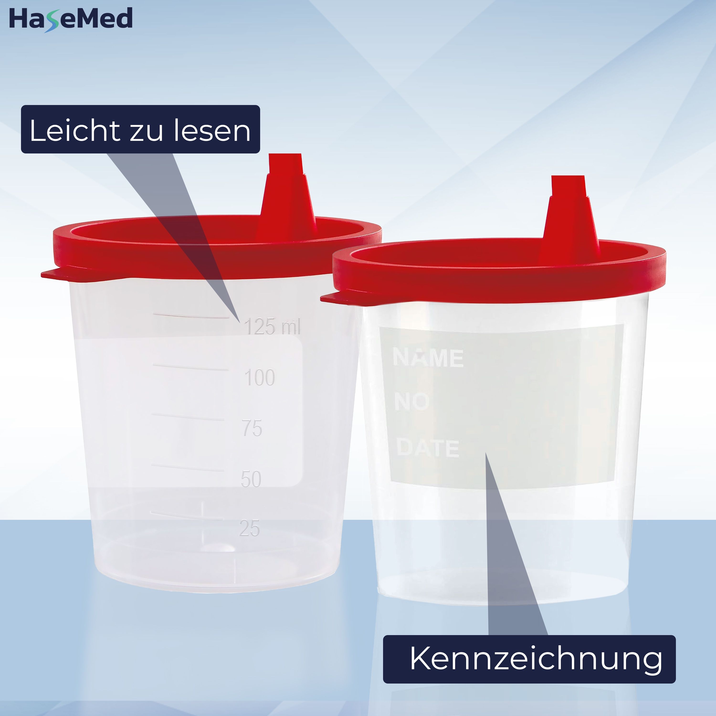 Zwei Becher mit rotem Schnappdeckel, Messskala, Beschriftungsfeld für Name, Datum.