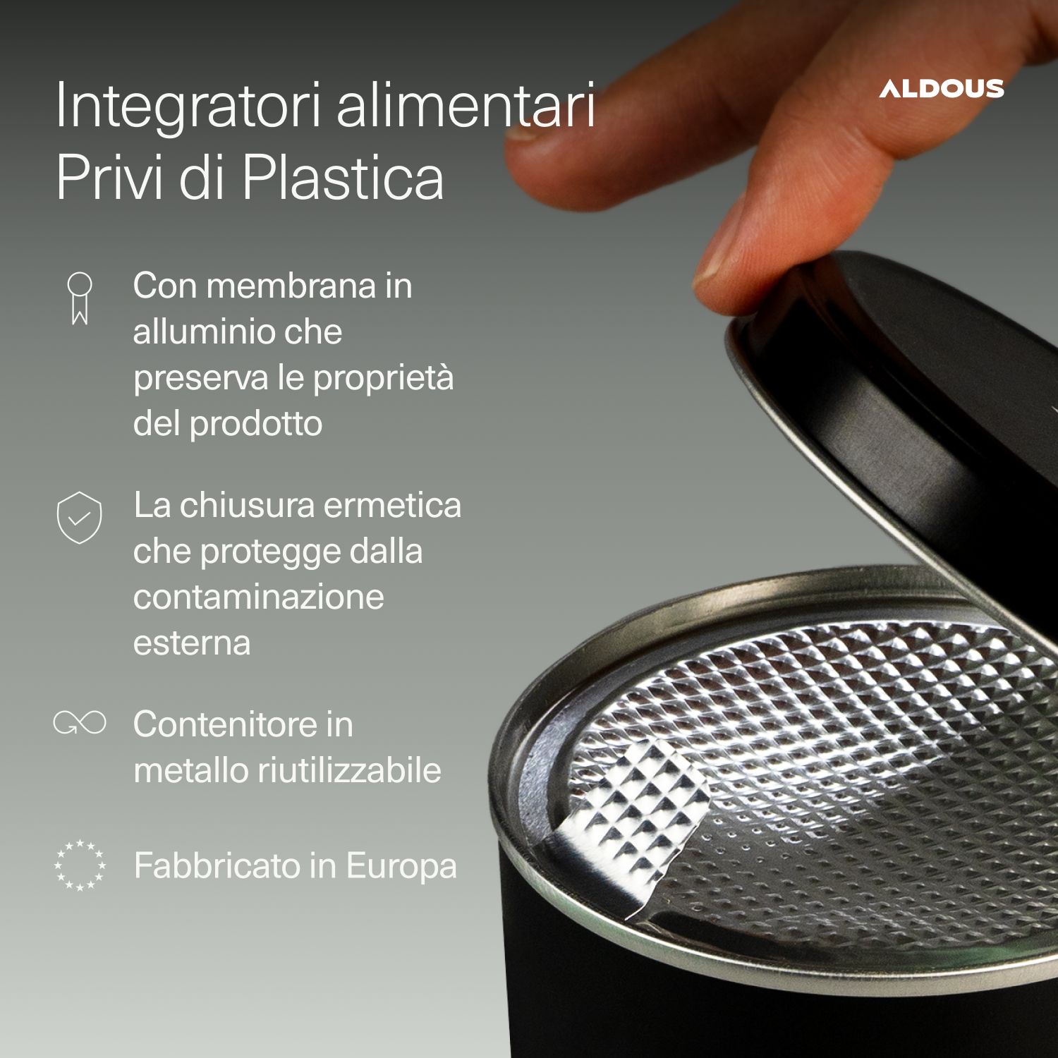 Aldous Magnesio Gummies: Aluminium-Inlay, luftdichter Verschluss, wiederverwendbarer Metallbehälter.