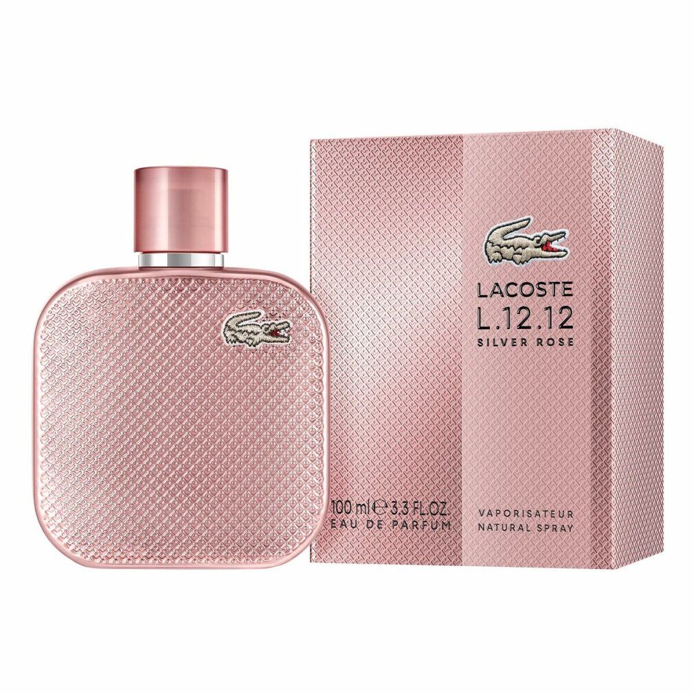 Rosafarbener Flakon und Verpackung. Aufschrift: Lacoste L.12.12 Silver Rose. 100 ml Eau de Parfum. Nat. Spray. Krokodil-Logo.