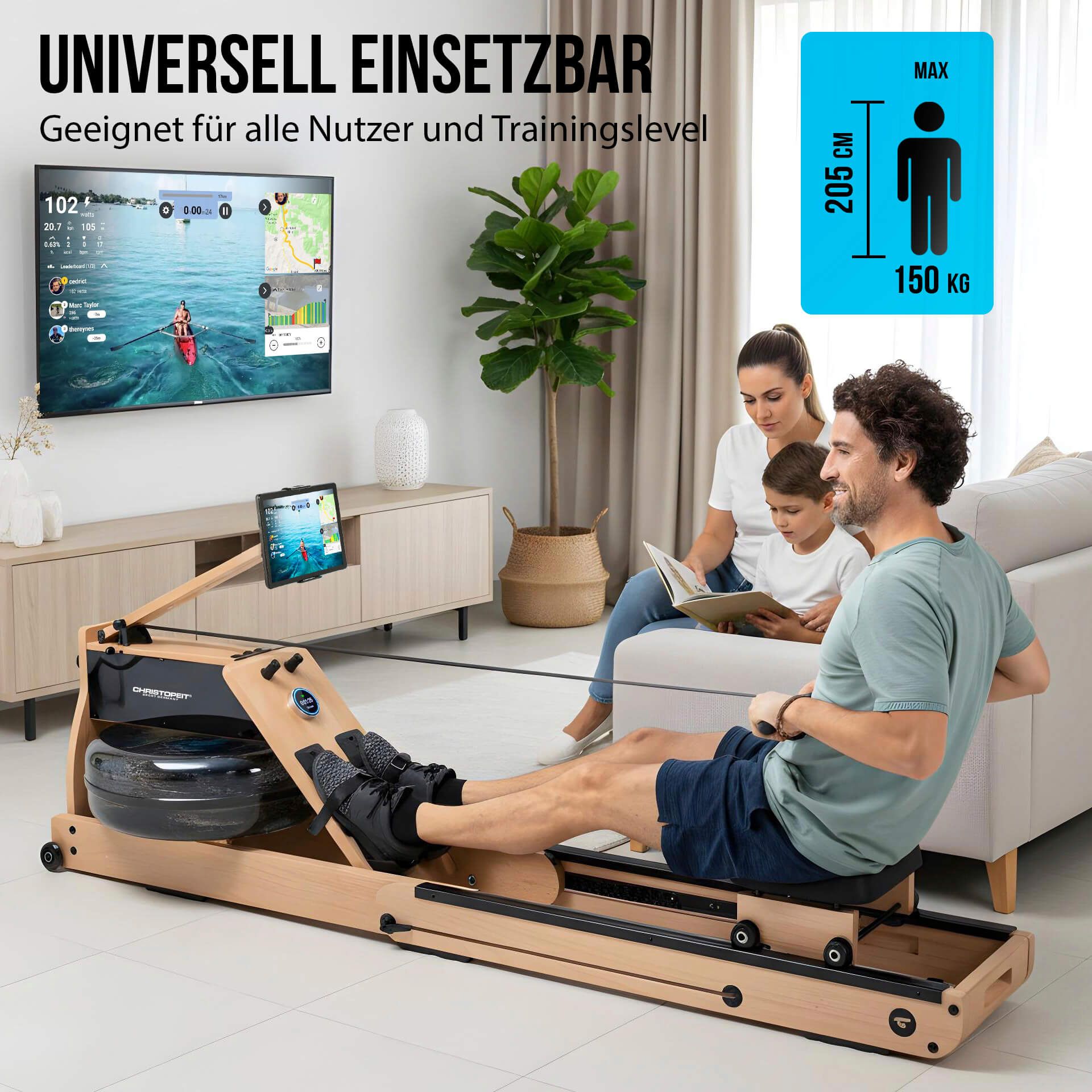 Holz-Wasserrudergerät. Familie im Wohnzimmer. Text: Universell einsetzbar. Geeignet für alle Nutzer und Trainingslevel. Max. 205 cm, 150 kg.