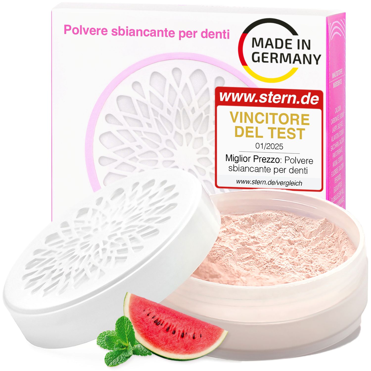 Poudre blanchissante pour dents en pot et emballage. Certificats et Made in Germany.