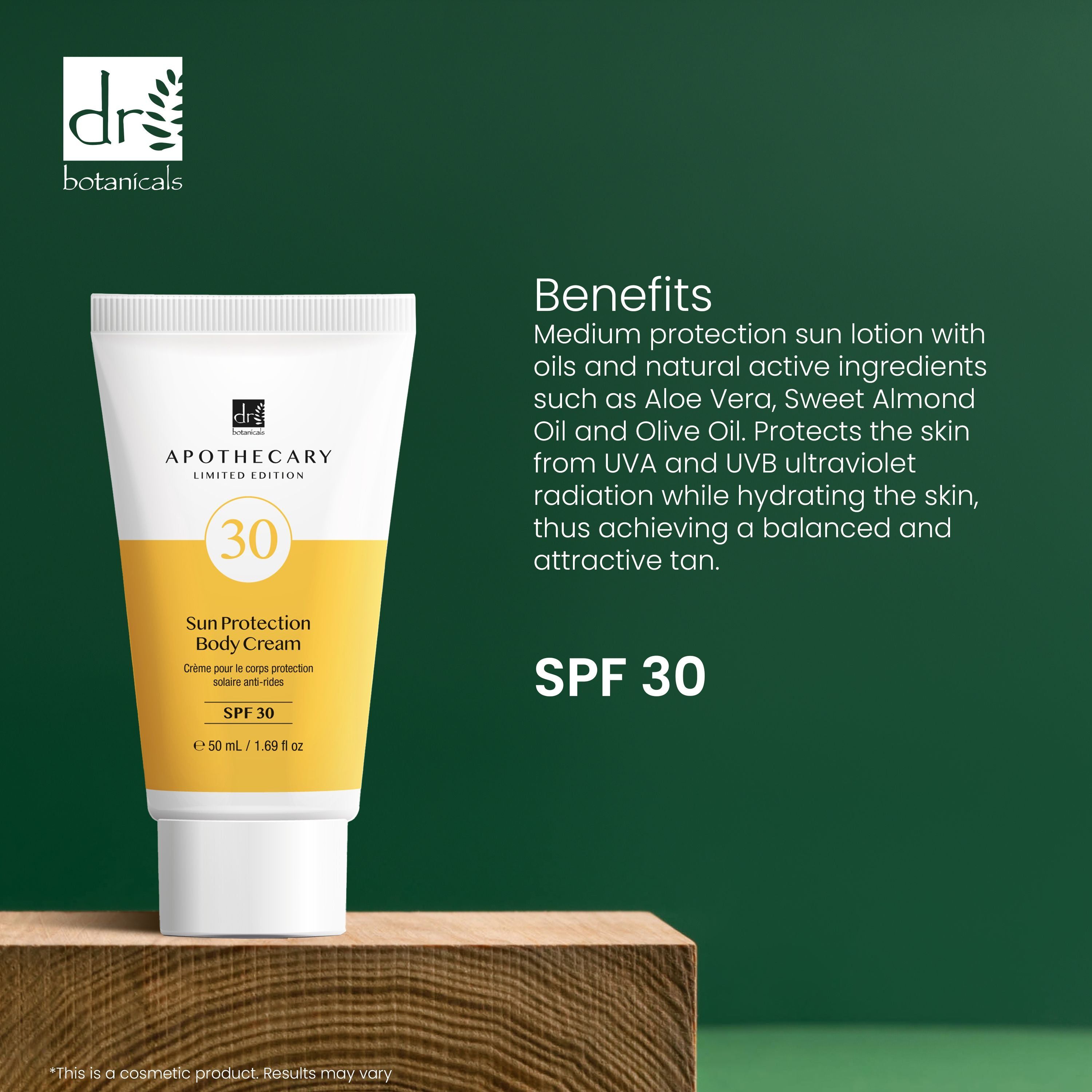 Weiße Tube mit gelbem Etikett. Aufschrift: Apothecary, SPF 30, Sun Protection Body Cream. Text: Benefits. Medium protection sun lotion.