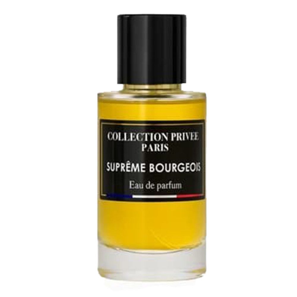 Parfümflasche mit schwarzem Deckel. Etikett mit Text: Collection Privée Paris, Suprême Bourgeois, Eau de parfum. Französische Flagge.