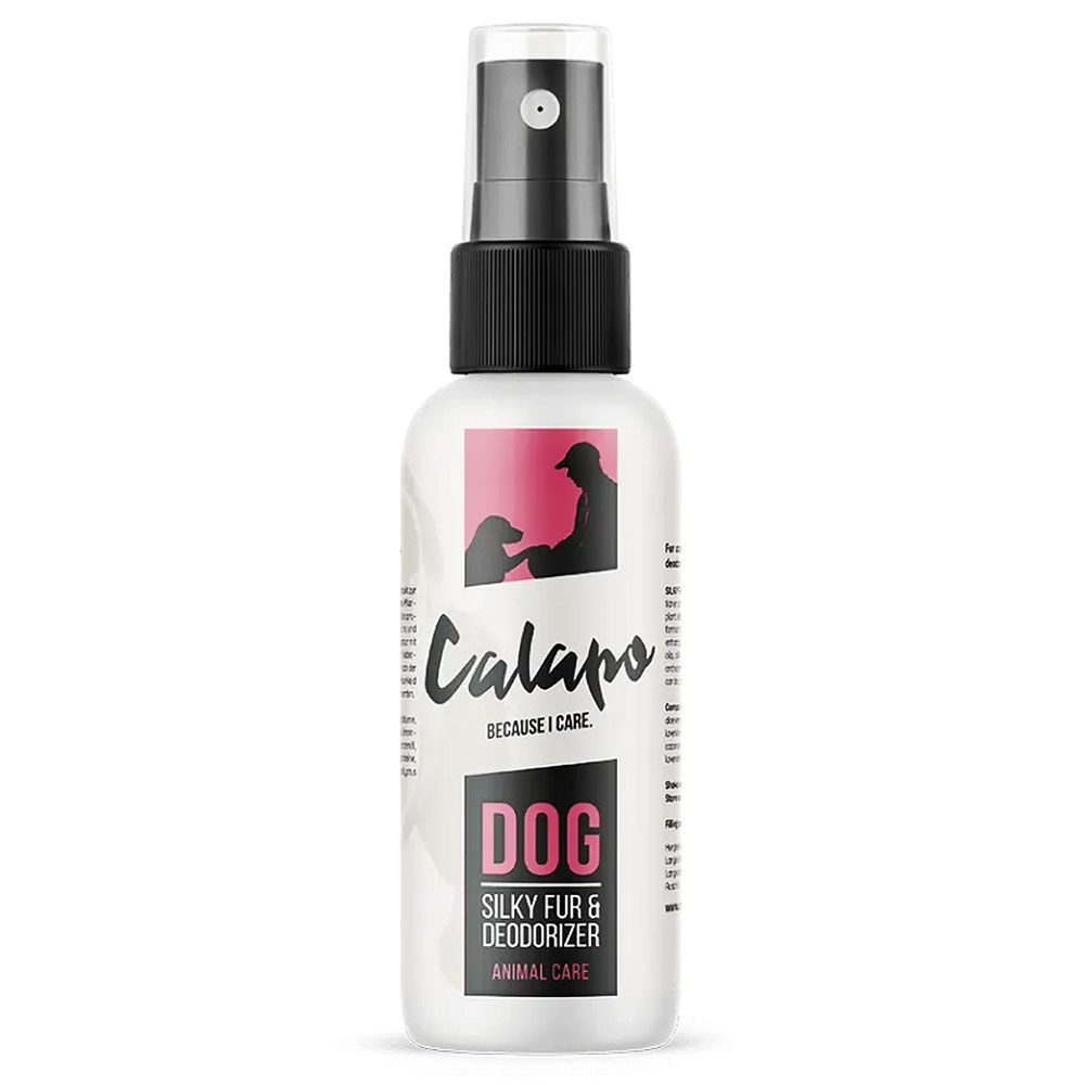 Sprühflasche mit schwarzem Sprühkopf. Aufschrift: Calapo, Dog Silky Fur & Deodorizer. Rosa Rechteck mit Silhouette von Mensch und Hund.