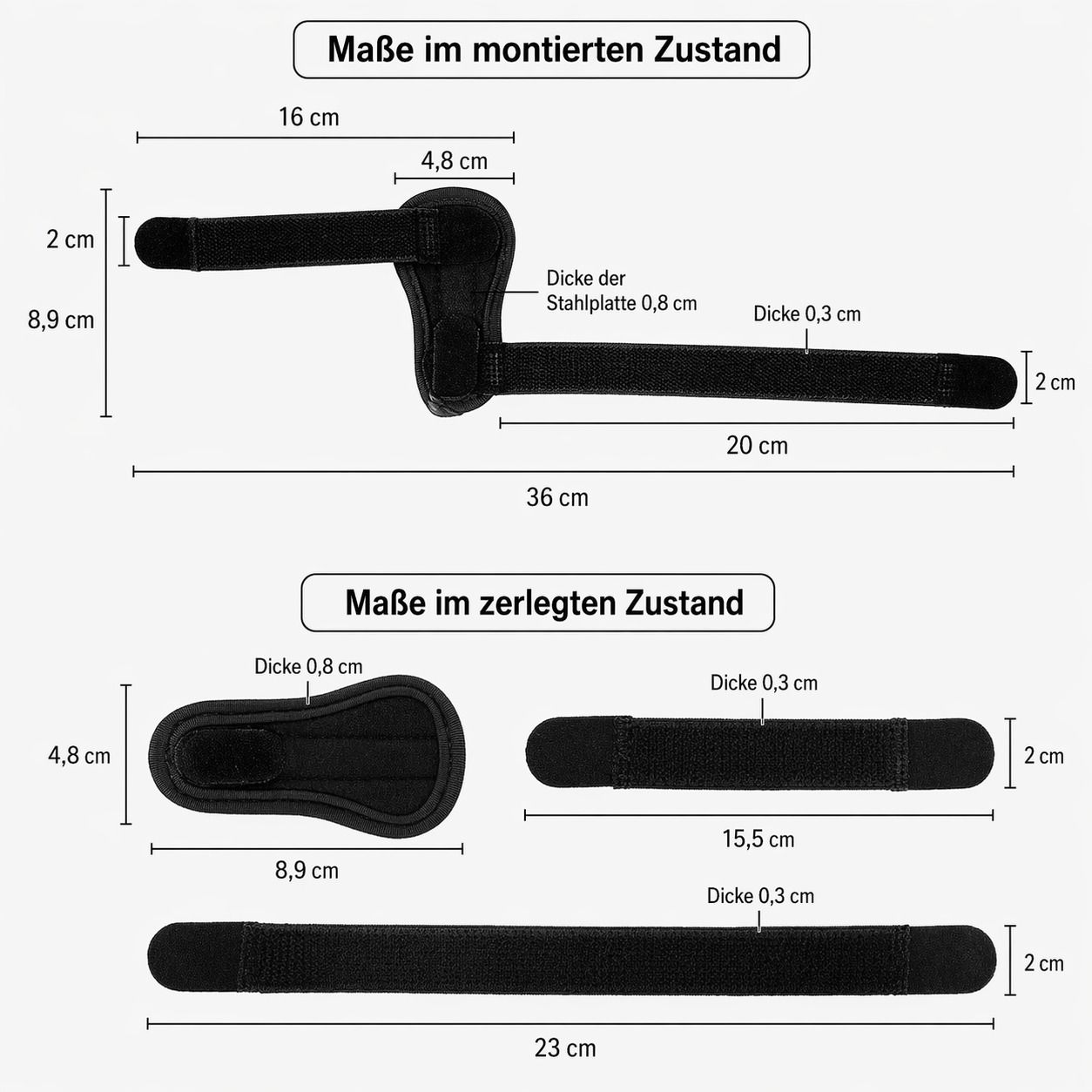 Detaillierte Ansicht der Fingerbandage. Maße im montierten und zerlegten Zustand. Abmessungen in cm angegeben.