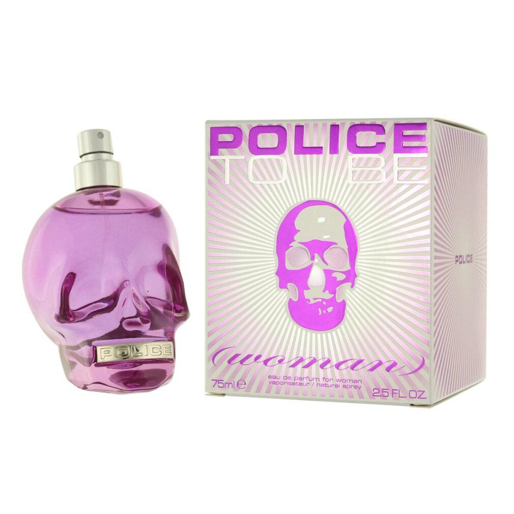 Lila Totenkopf-Parfümflasche neben einer passenden Verpackungsbox mit POLICE TO BE WOMAN-Aufschrift.
