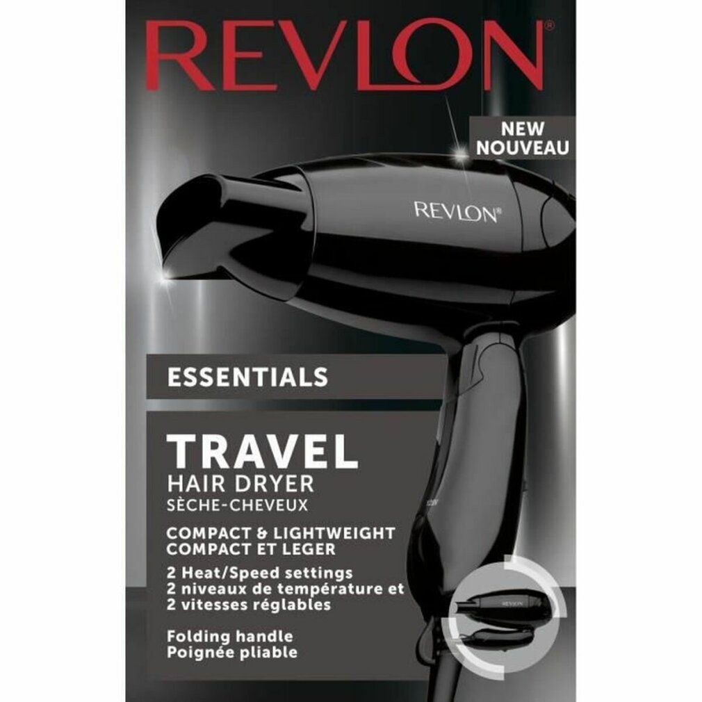 Verpackung des REVLON Reise-Haartrockners. Schwarzer Hintergrund mit Produktbild. Text: Essentials, Travel Hair Dryer.