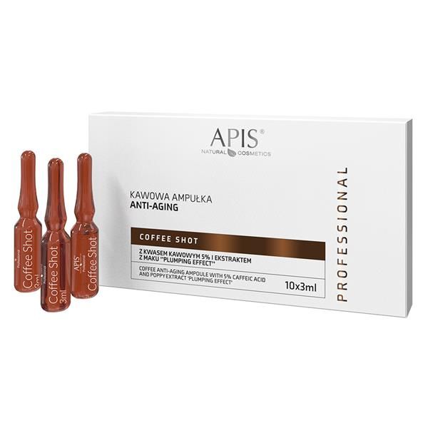 Drei braune Ampullen und eine weiße Schachtel mit der Aufschrift "APIS Coffee Shot". Auf der Schachtel steht "Anti-Aging".