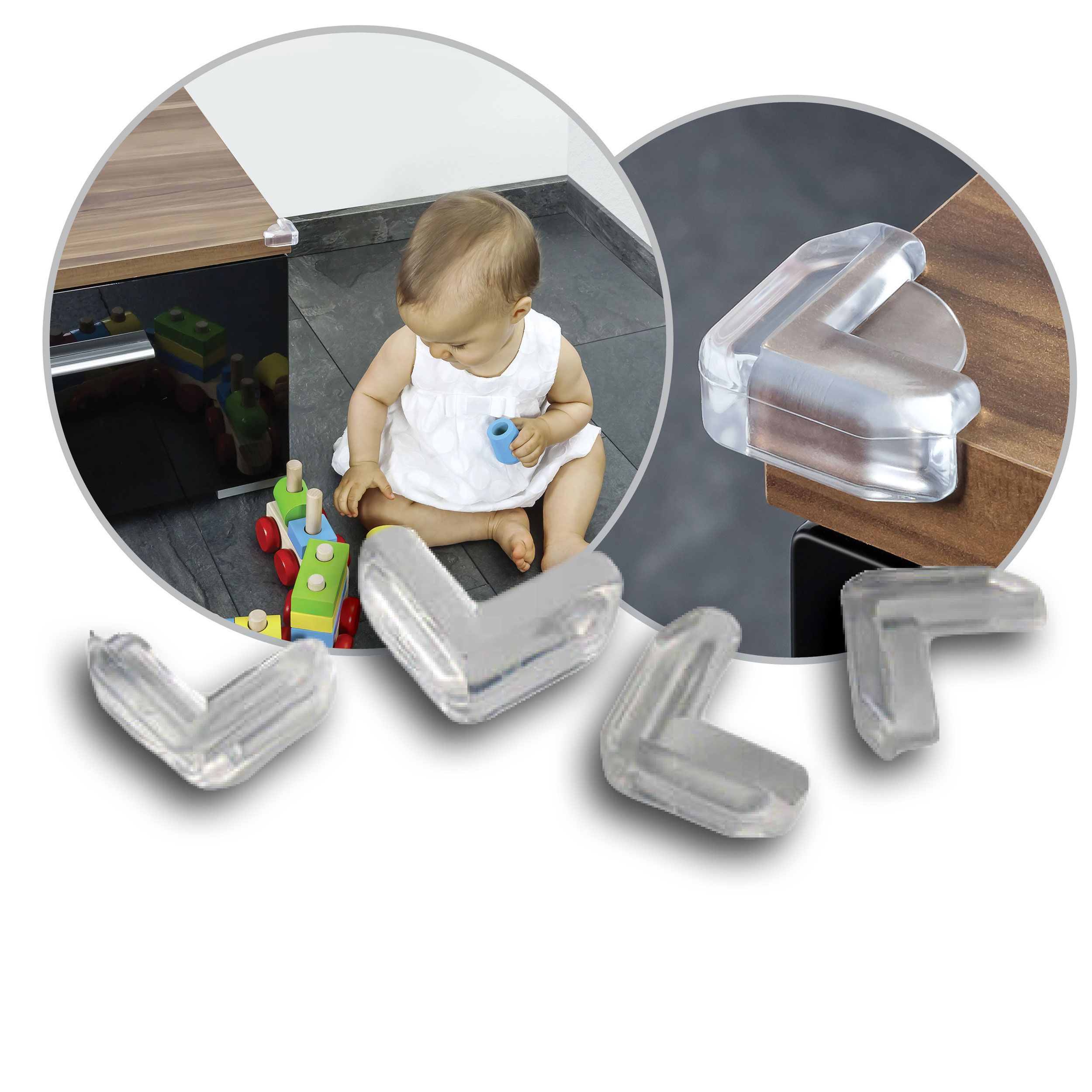 Transparente Eckenschutz-Puffer aus Silikon für Möbelkanten.