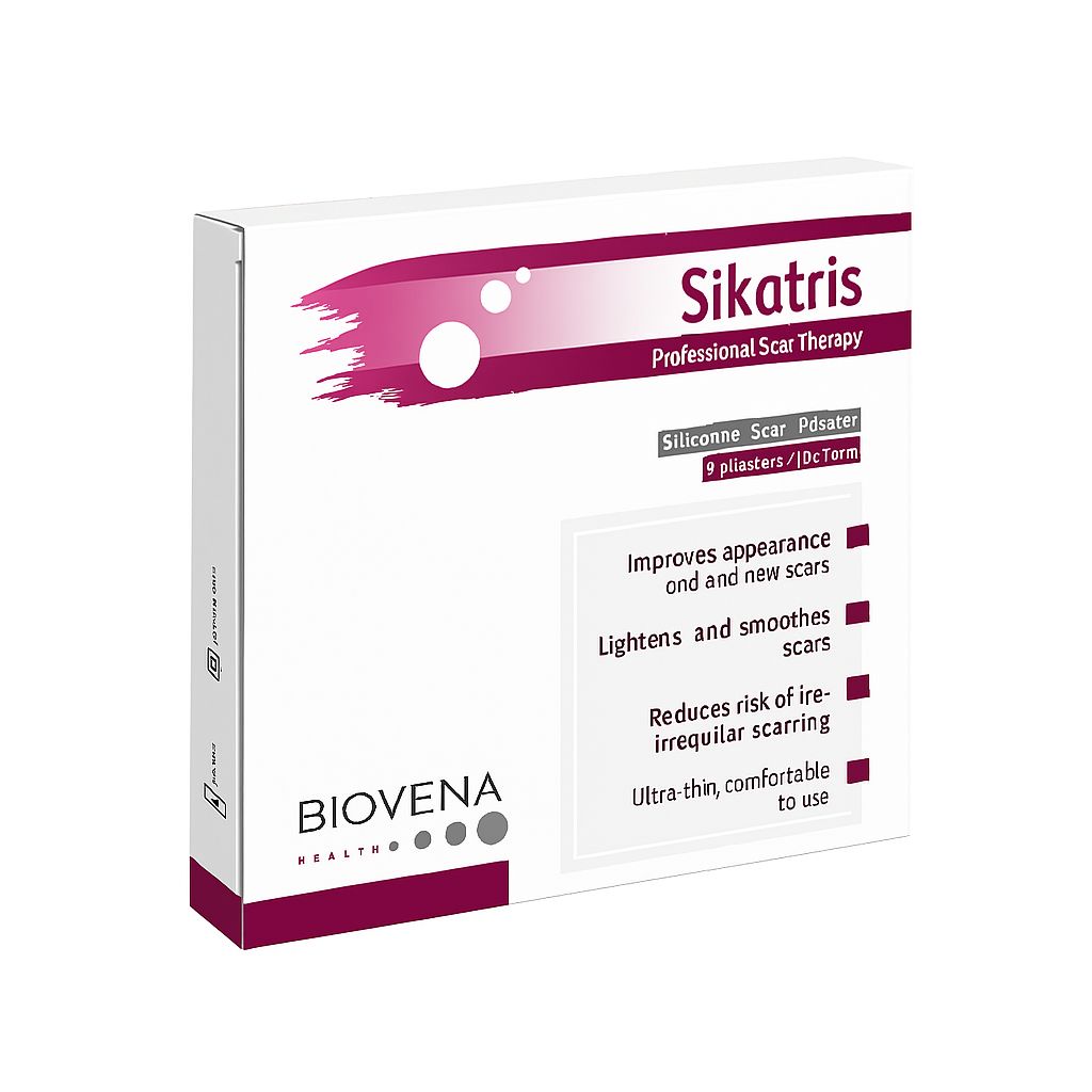 Verpackung mit Produktnamen Sikatris. Enthält 9 Pflaster. Marke Biovena Health. Text: Professional Scar Therapy.