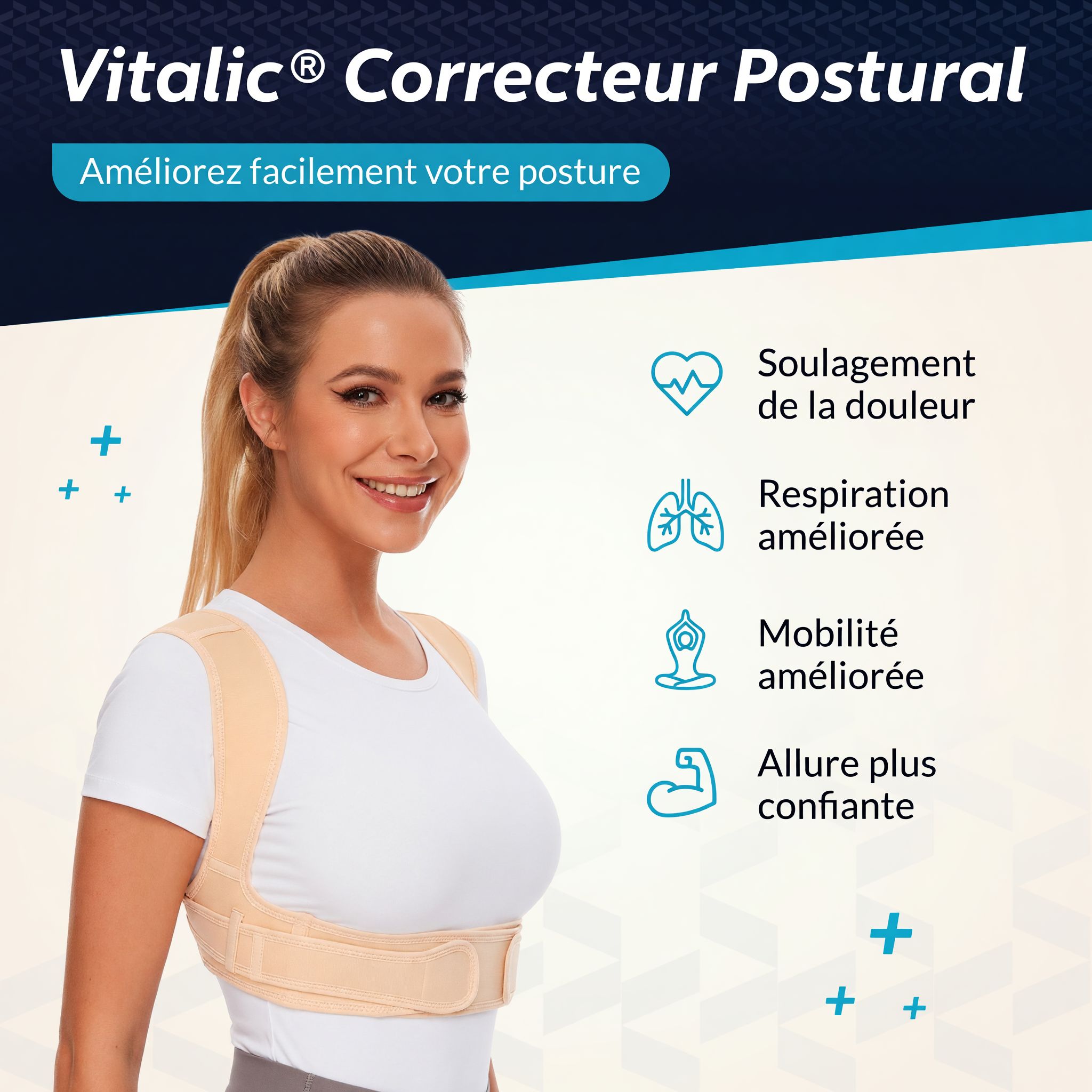 Beige Haltungskorrektor. Text: VITALIC Corrector Postural. Verbessern Sie Ihre Haltung.