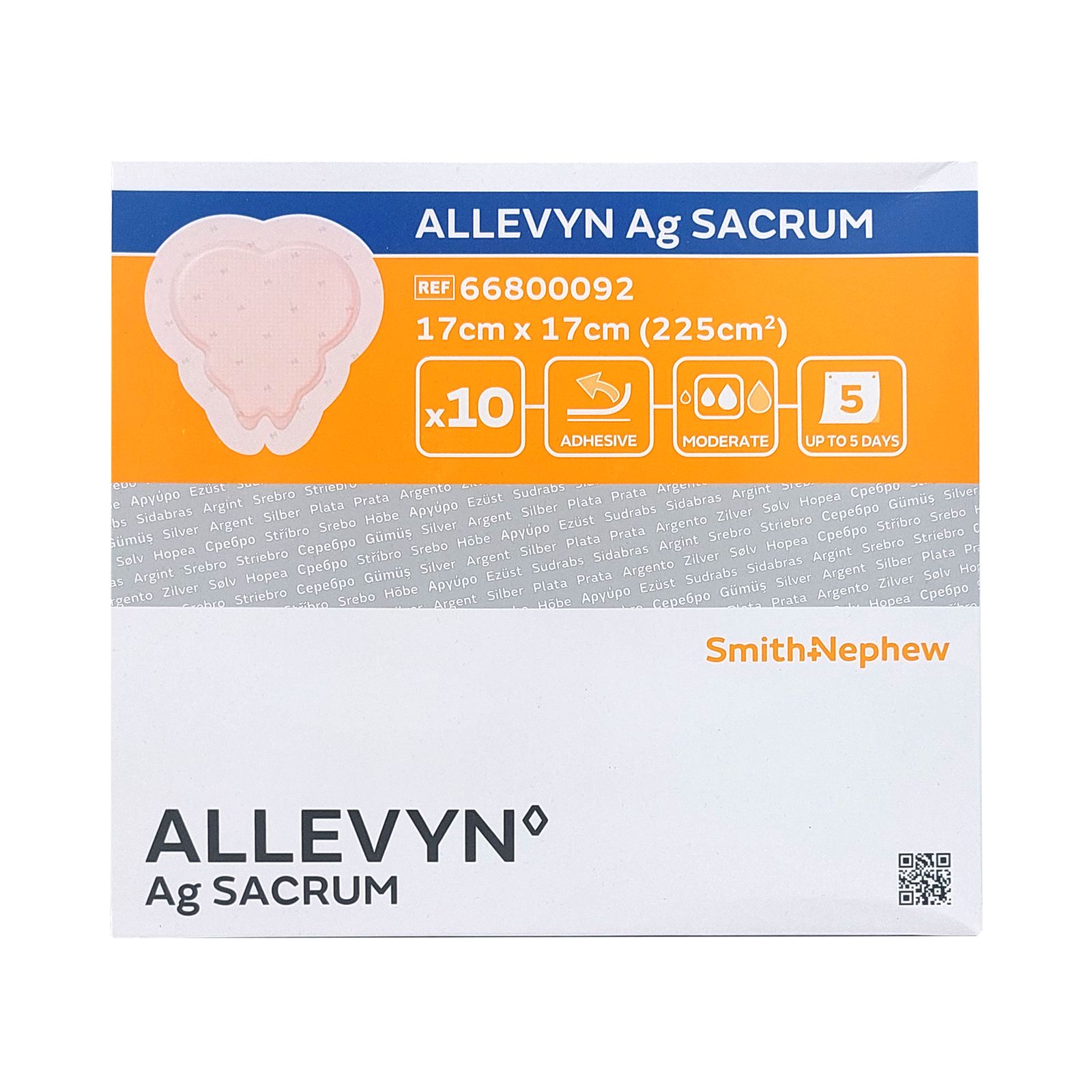 Verpackung mit ALLEVYN Ag SACRUM Wundauflagen. 17x17cm, 10 Stück. Enthält Informationen zu Haftung und Tragedauer. Marke Smith+Nephew.