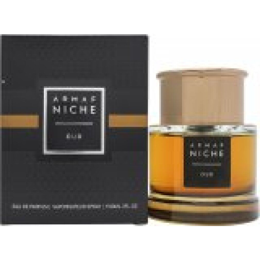 Glasflakon und schwarze Verpackung. Aufschrift: ARMAF NICHE OUD. Eau de Parfum, Vaporisateur Spray.