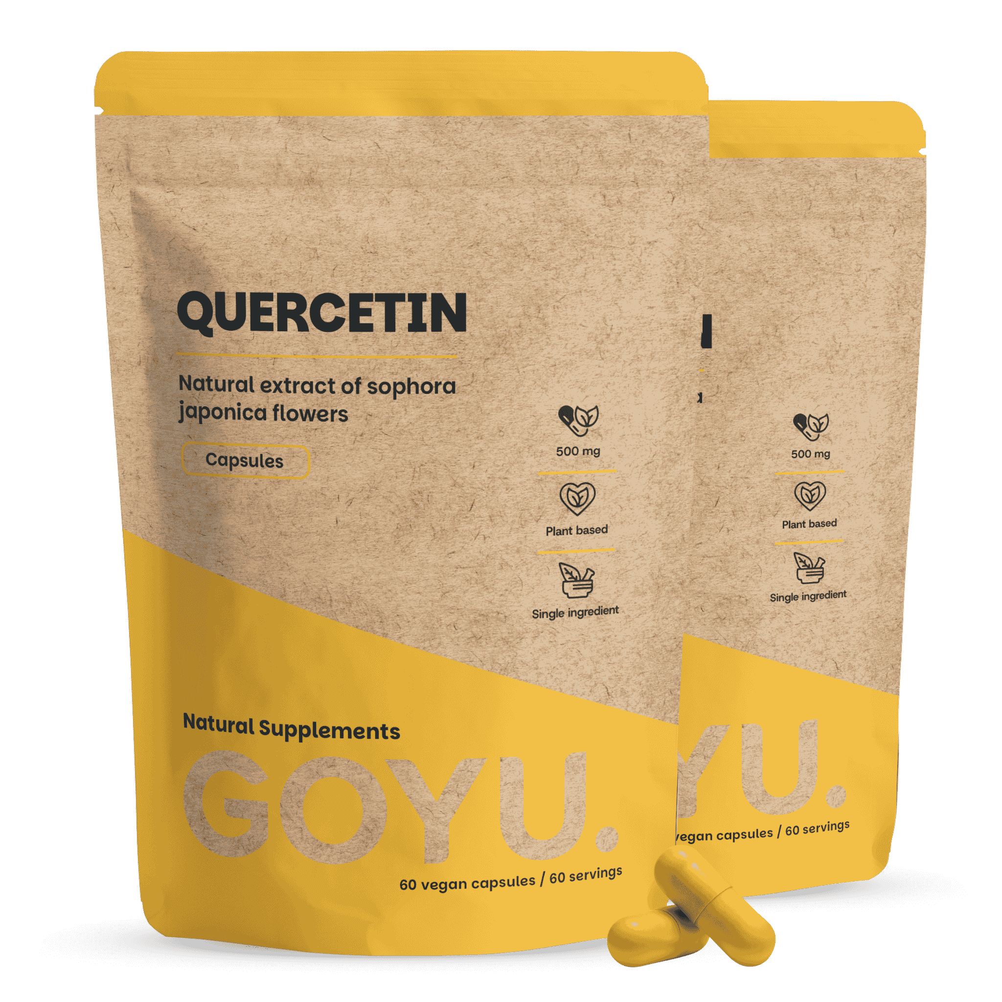 Zwei braune Beutel mit Quercetin-Kapseln, 500 mg, pflanzlich, Einzelzutat.
