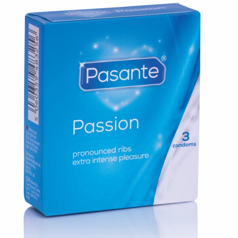 Blaue Schachtel mit Pasante Passion Kondomen. Enthält 3 Kondome. Aufschrift: pronounced ribs, extra intense pleasure.