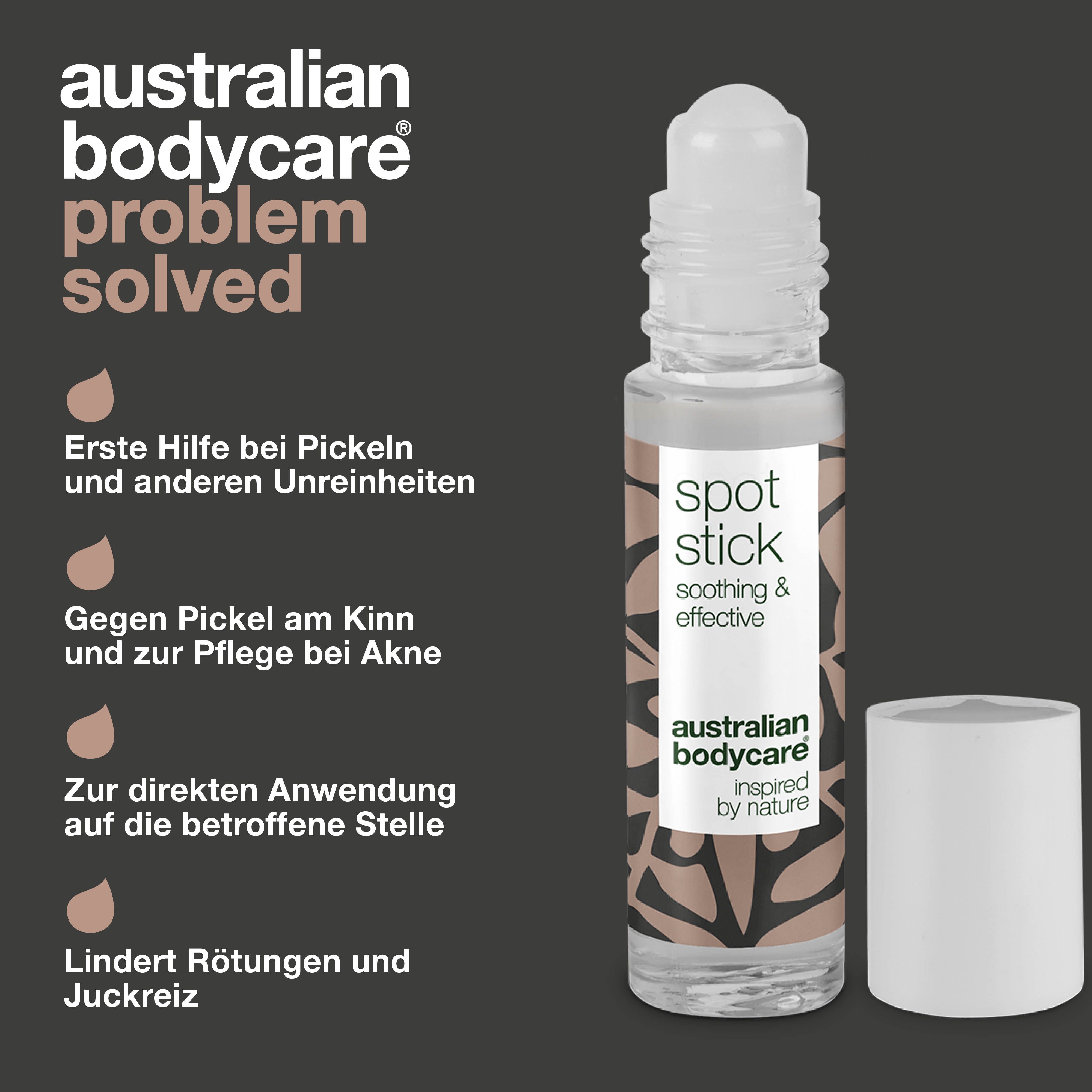 Spot Stick mit Text. Aufschrift: Erste Hilfe bei Pickeln, Australian Bodycare. Weißer Deckel.