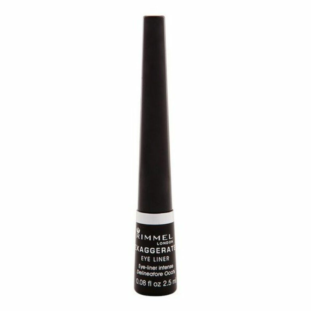 Schwarzer flüssiger Eyeliner. Schwarze Flasche mit weißem Ring und Produktinformationen. Marke Rimmel.