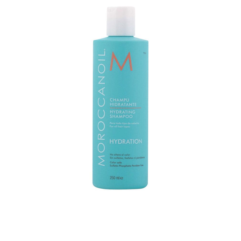 Türkisgrüne Flasche mit weißem Deckel. Aufschrift: Moroccanoil, Hydrating Shampoo. 250 ml.