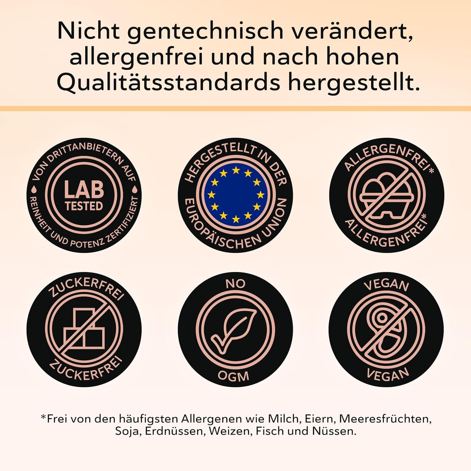 Siegel: Labor geprüft, Europäische Union, Allergenfrei, Zuckerfrei, Kein OGM, Vegan.