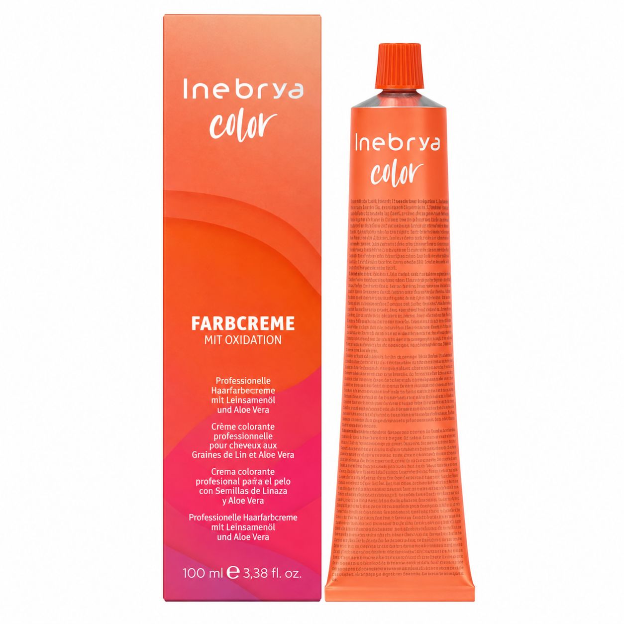 Inebrya Color Farbcreme mit Oxidation, 100 ml Tube und orangefarbener Faltschachtel.