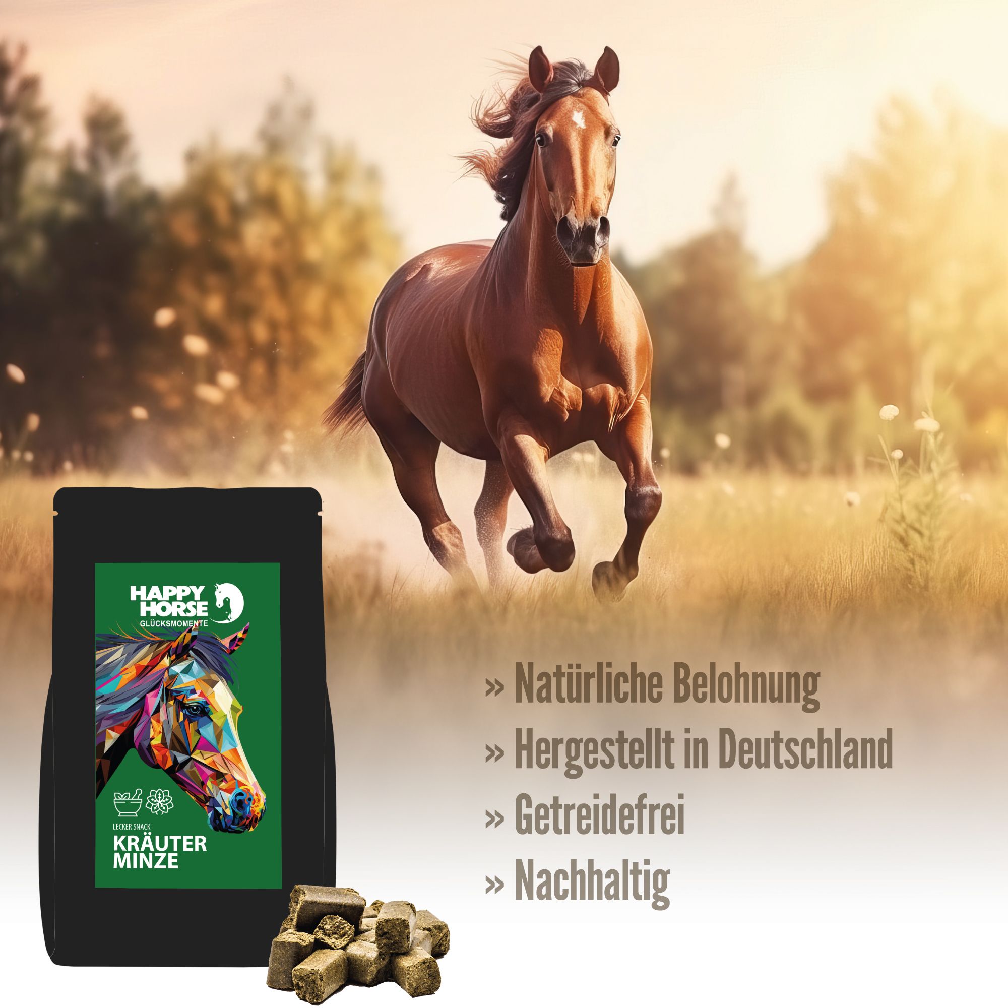 Schwarze Verpackung mit grünem Etikett. Pferd rennt auf Wiese. Text: Natürliche Belohnung, hergestellt in Deutschland.