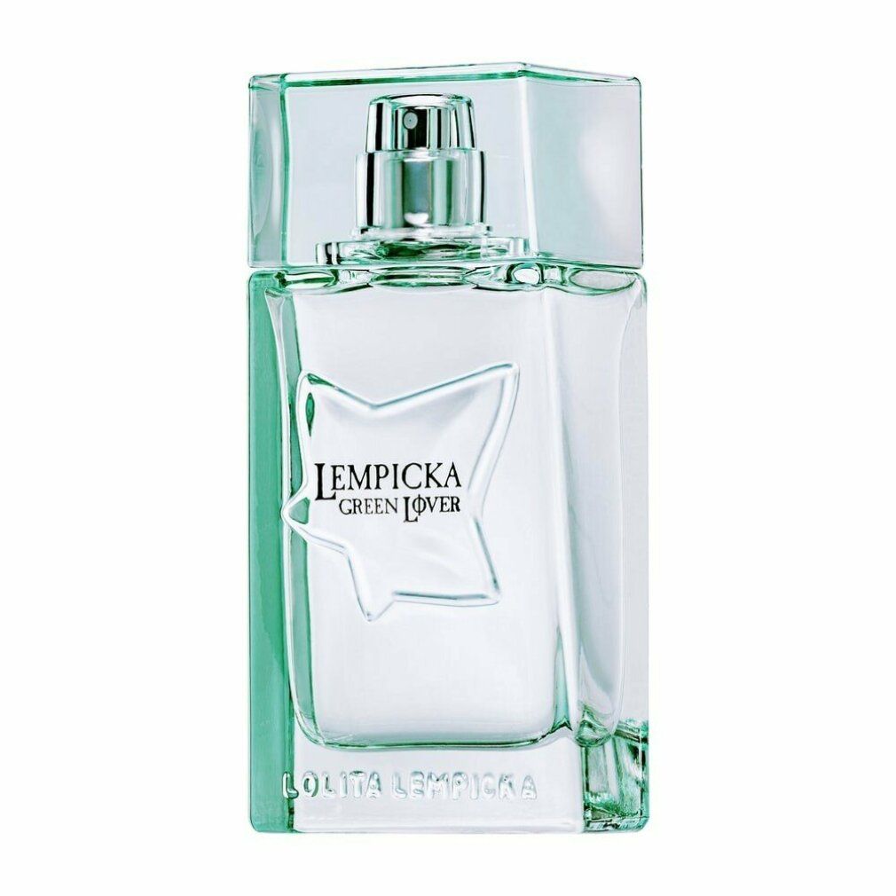 Grüner Flakon mit silbernem Zerstäuber. Aufschrift: Lempicka Green Lover. Rechteckige Form mit Stern-Design.