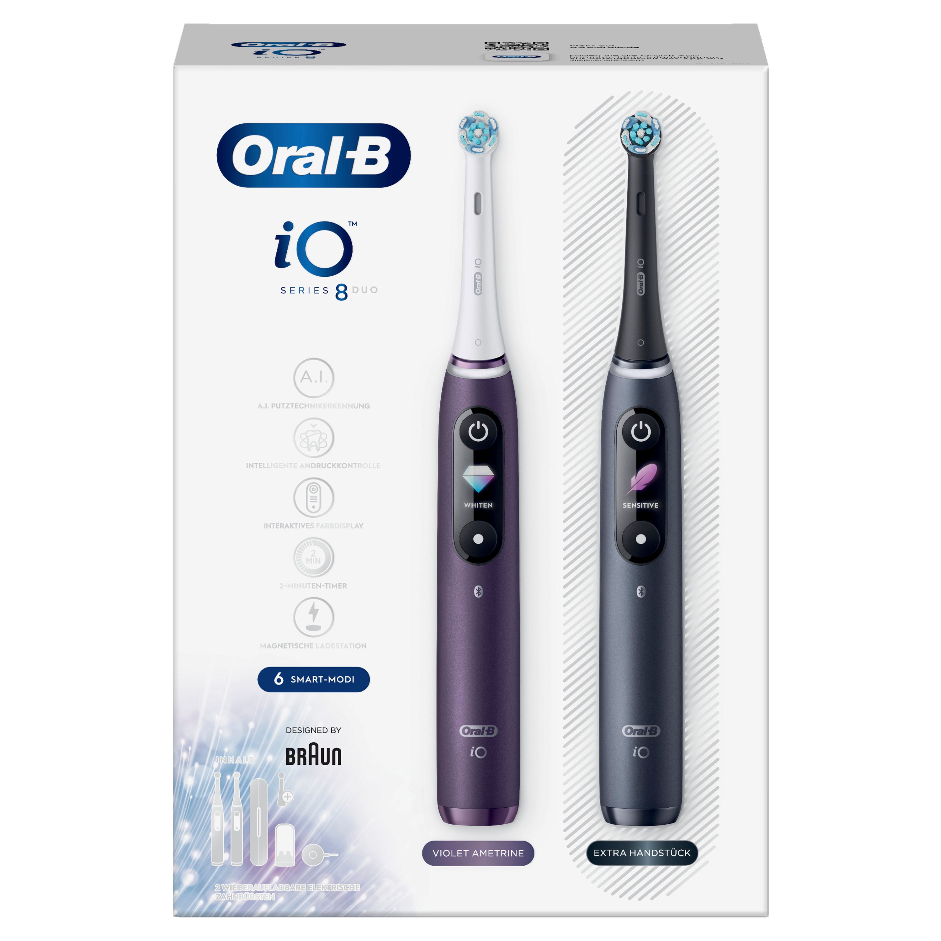 Verpackung mit zwei elektrischen Zahnbürsten. Violett und dunkelgrau. Marke Oral-B iO. 6 Smart Modi. Braun-Logo.
