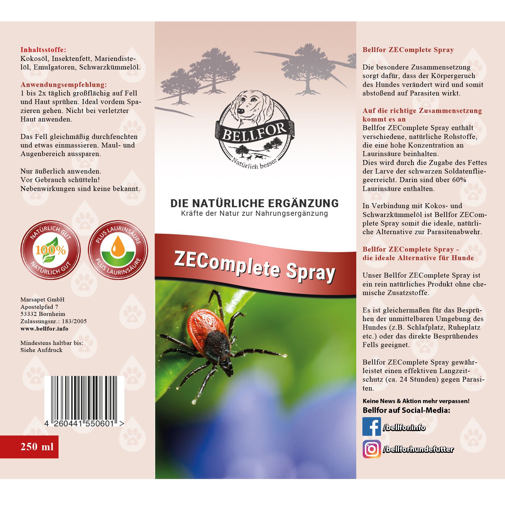 Bellfor Anti Zecken ZEComplete natürliches Spray für Hunde Zeckenmittel für Hunde