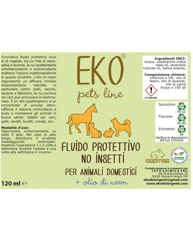 EKO Pets Line fluido protettivo NO INSETTI per animali domestici con olio di neem. L'etichetta mostra un'illustrazione arancione di animali e il testo "Fluido protettivo, NO insetti". La bottiglia contiene 120 ml.