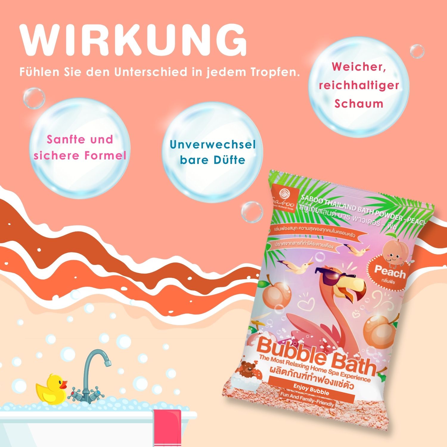 Produktverpackung mit Text: Schaumbad Pulver Pfirsich. Flamingo-Illustration, Pfirsiche, Text in mehreren Sprachen. Bubbles.