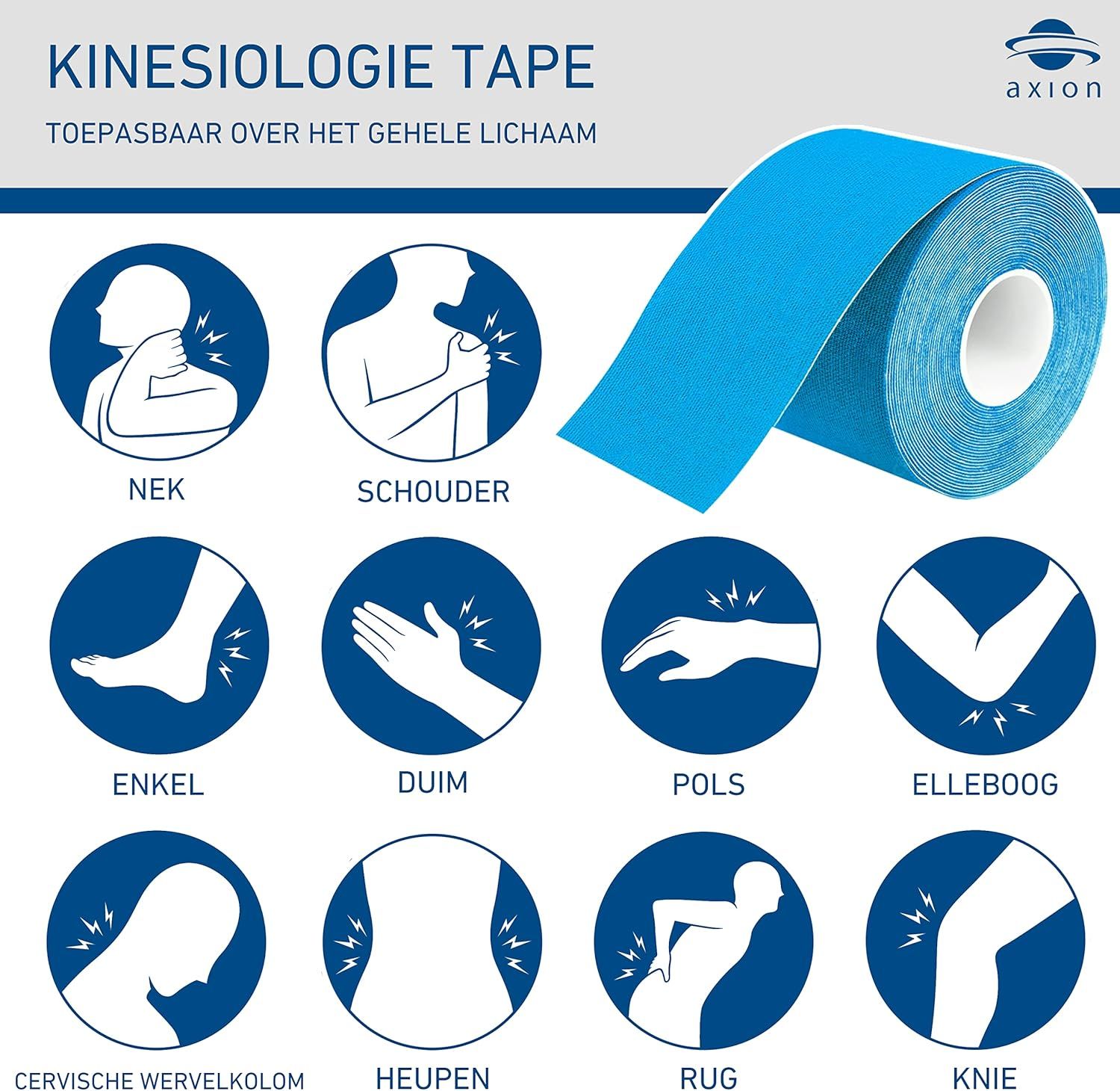 Blauwe kinesiotape. Illustraties van tape-toepassingen op het lichaam.