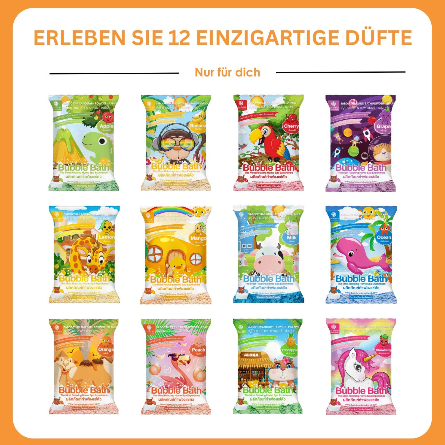Grafik mit 12 verschiedenen SABOO Schaumbad Pulver Verpackungen. Verschiedene Designs und Düfte.