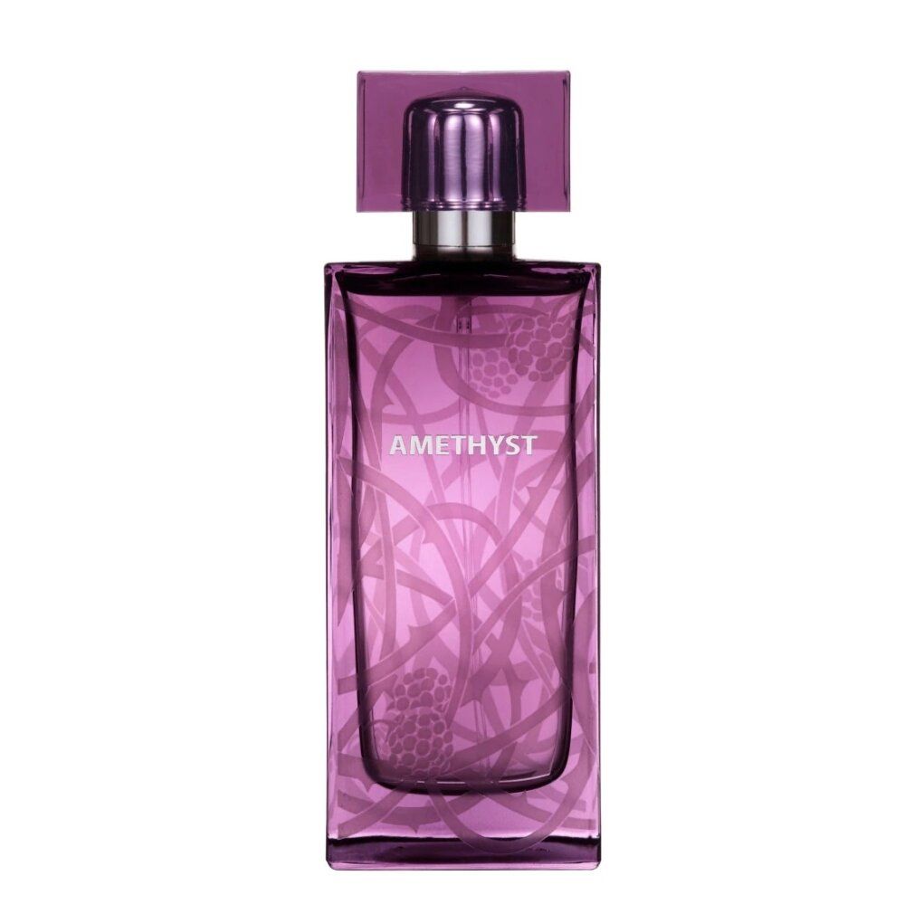 Lalique Amethyst Eau de Parfum Flakon. Lila Flakon mit AMETHYST-Schriftzug. Dekoratives Muster auf dem Flakon.