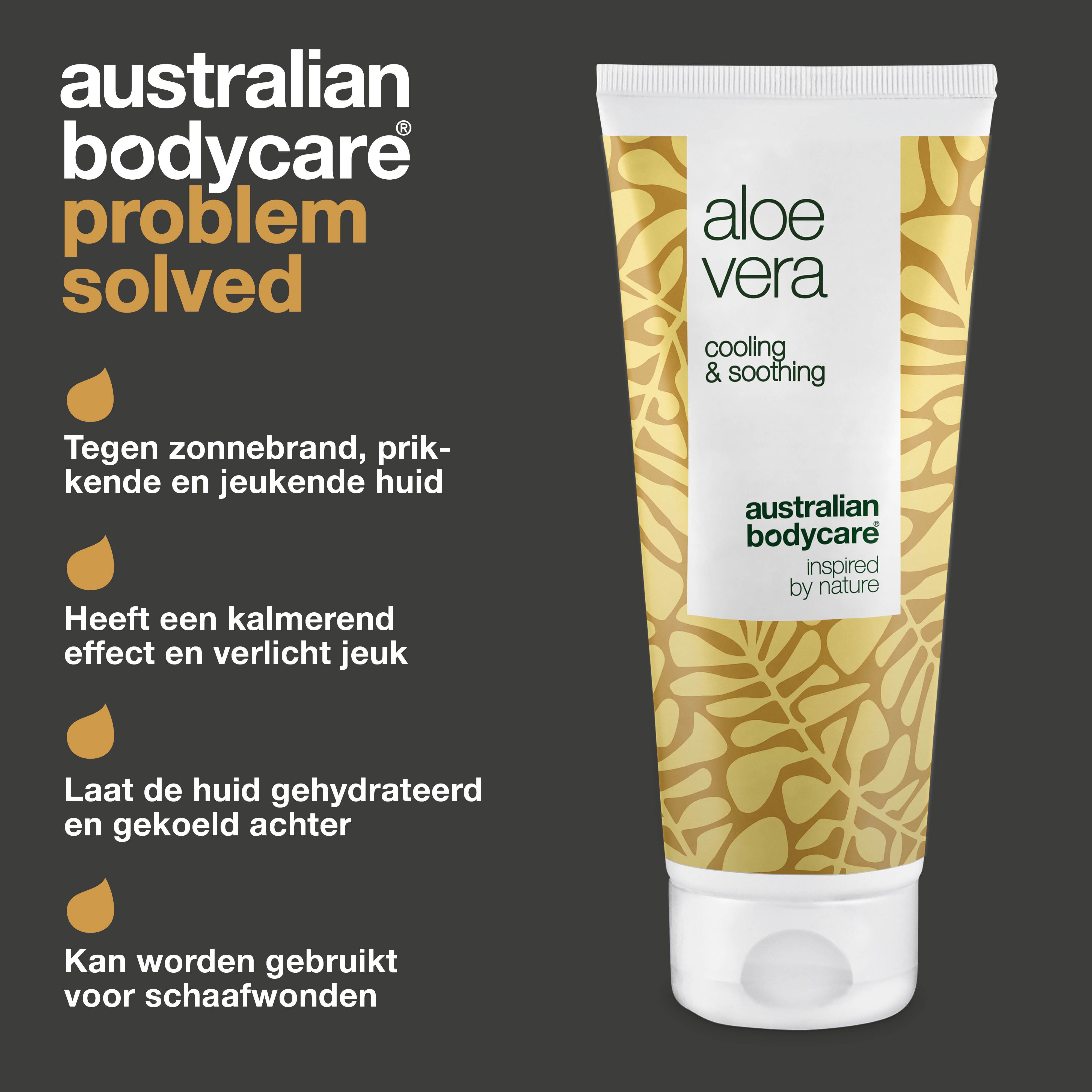 Aloë vera gel tube. Tekst: Aloe Vera, Cooling & Soothing, Australian Bodycare. Voordelen: kalmerend, hydraterend.