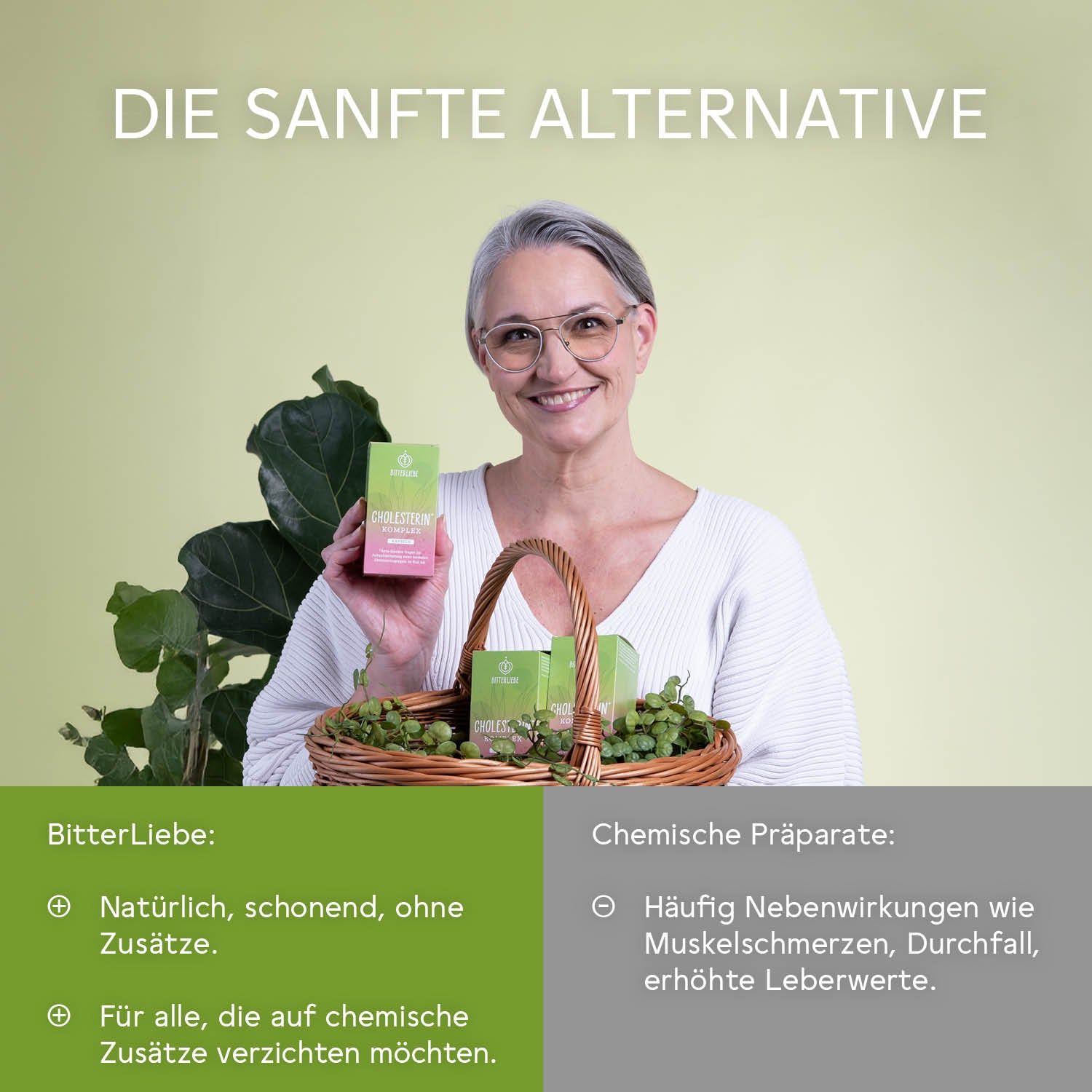 Ältere Frau mit Brille hält einen Korb mit Produkten. BitterLiebe: natürlich, ohne Zusätze. Chemische Präparate: häufige Nebenwirkungen.